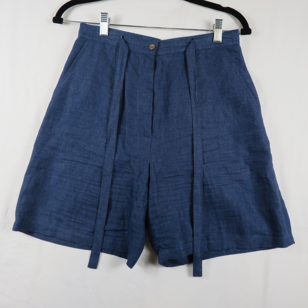 Chelsea Cambell Womens Blue Linen Blend‎ Wide Leg Cropped Tie Waist Shorts Small
